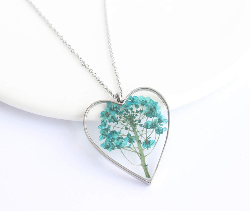 Heart Pressed Flower Pendant Necklace, Real Dried Flower Resin Jewellery