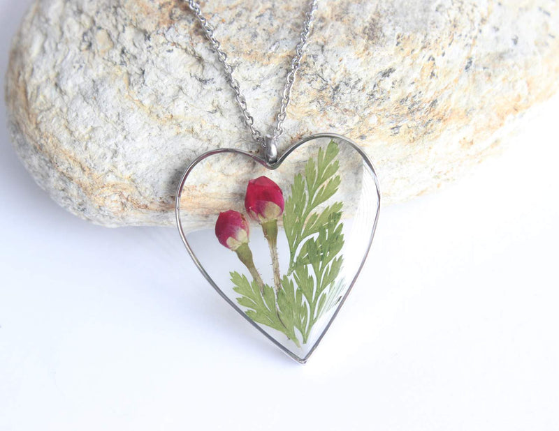 Heart Pressed Flower Pendant Necklace, Real Dried Flower Resin Jewellery