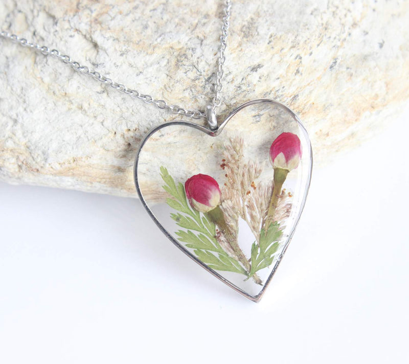 Heart Pressed Flower Pendant Necklace, Real Dried Flower Resin Jewellery