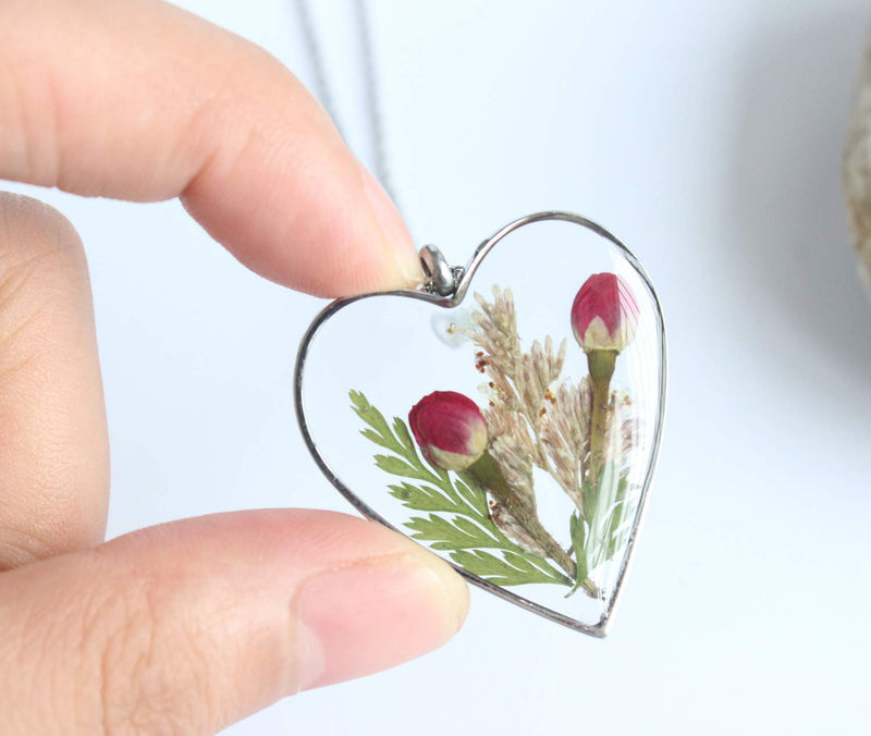 Heart Pressed Flower Pendant Necklace, Real Dried Flower Resin Jewellery