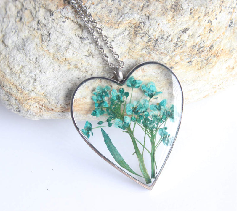 Heart Pressed Flower Pendant Necklace, Real Dried Flower Resin Jewellery