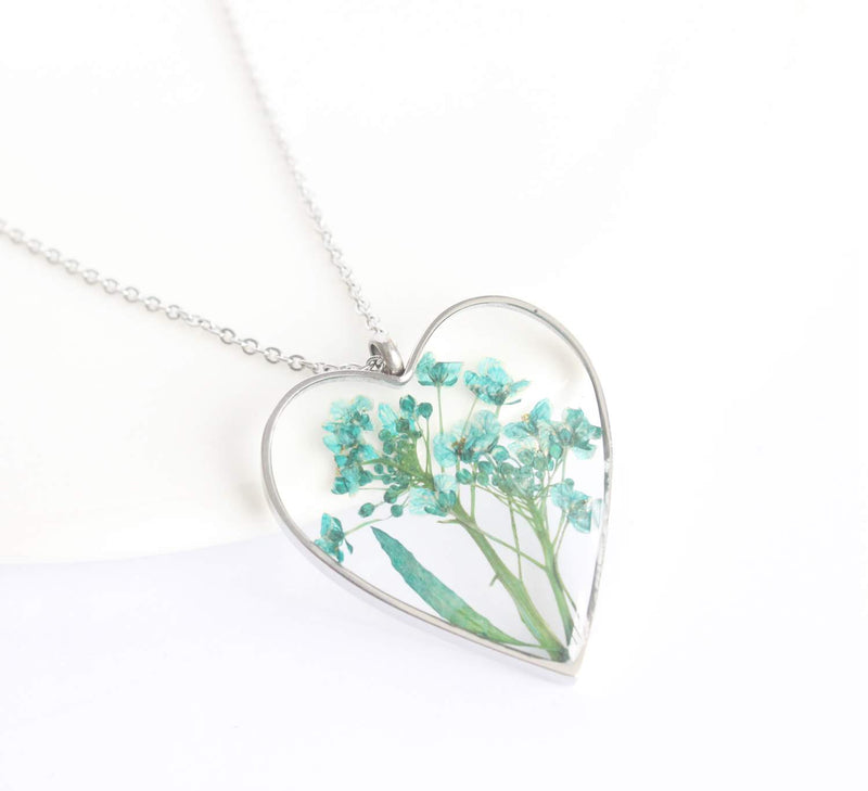 Heart Pressed Flower Pendant Necklace, Real Dried Flower Resin Jewellery