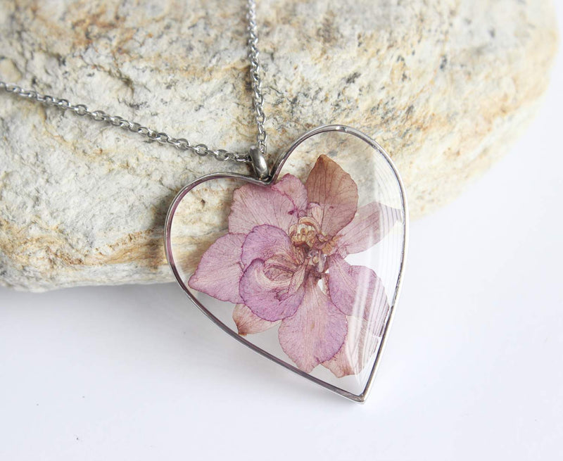 Heart Pressed Flower Pendant Necklace, Real Dried Flower Resin Jewellery