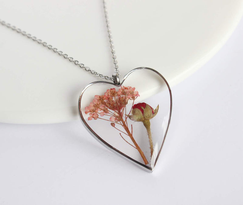 Heart Pressed Flower Pendant Necklace, Real Dried Flower Resin Jewellery