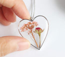 Heart Pressed Flower Pendant Necklace, Real Dried Flower Resin Jewellery