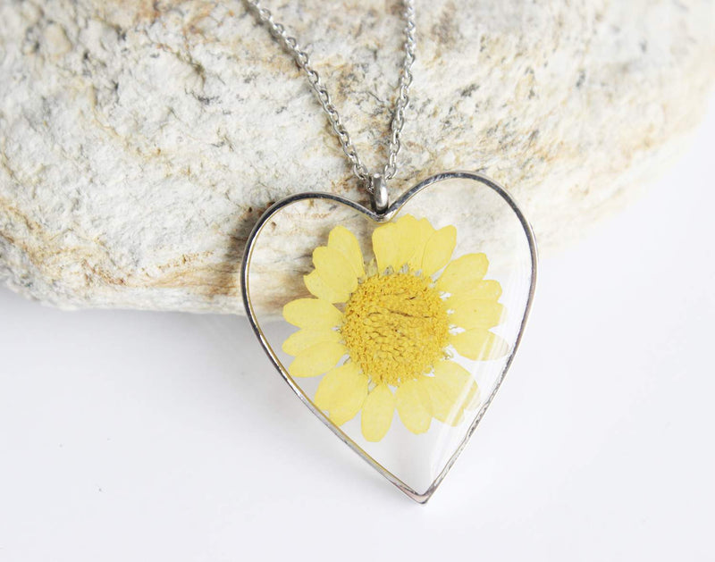 Heart Pressed Flower Pendant Necklace, Real Dried Flower Resin Jewellery