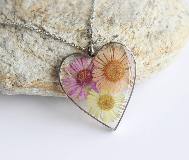 Heart Pressed Flower Pendant Necklace, Real Dried Flower Resin Jewellery