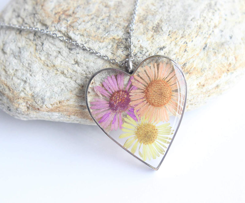 Heart Pressed Flower Pendant Necklace, Real Dried Flower Resin Jewellery