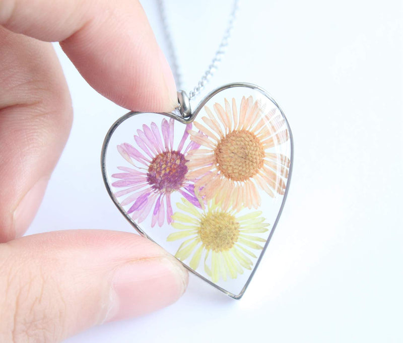 Heart Pressed Flower Pendant Necklace, Real Dried Flower Resin Jewellery