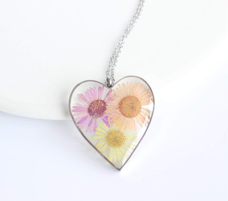 Heart Pressed Flower Pendant Necklace, Real Dried Flower Resin Jewellery