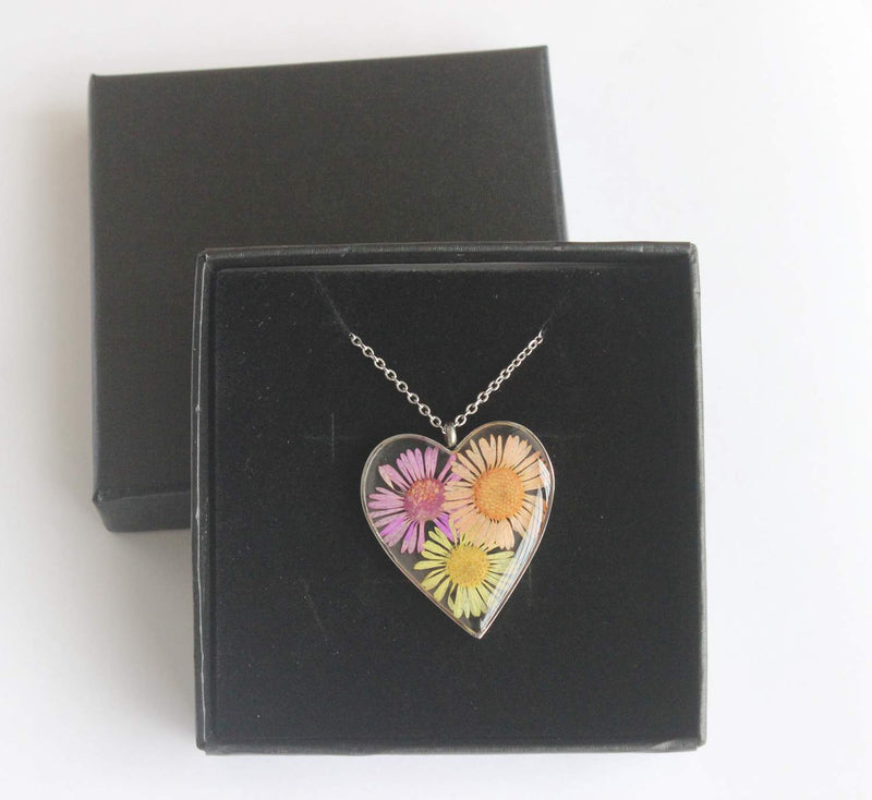 Heart Pressed Flower Pendant Necklace, Real Dried Flower Resin Jewellery