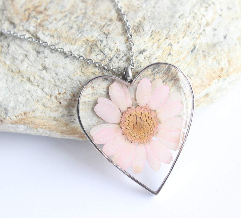 Heart Pressed Flower Pendant Necklace, Real Dried Flower Resin Jewellery