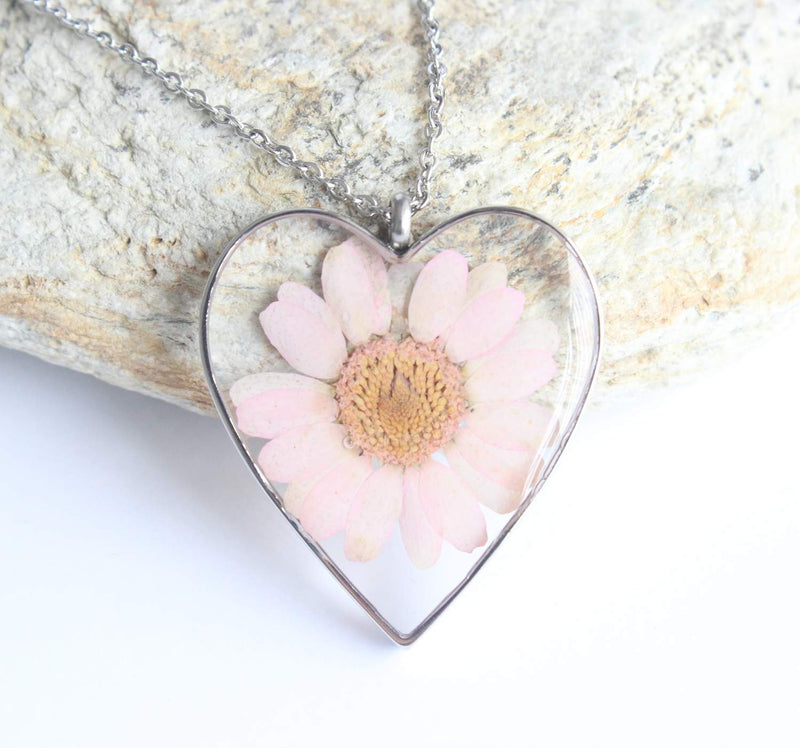 Heart Pressed Flower Pendant Necklace, Real Dried Flower Resin Jewellery