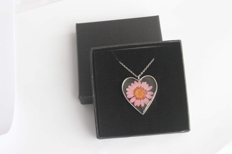 Heart Pressed Flower Pendant Necklace, Real Dried Flower Resin Jewellery