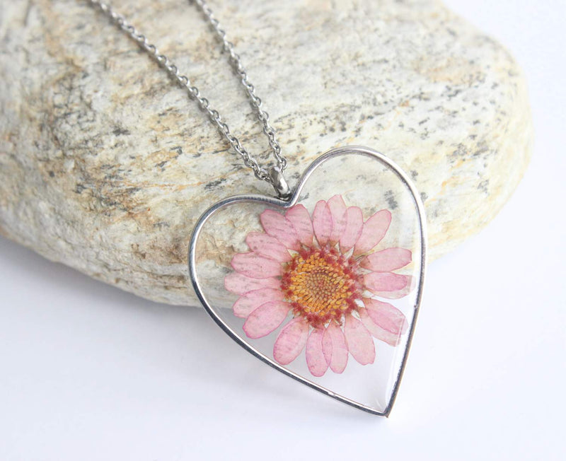 Heart Pressed Flower Pendant Necklace, Real Dried Flower Resin Jewellery