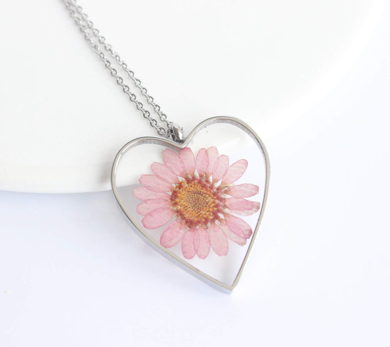 Heart Pressed Flower Pendant Necklace, Real Dried Flower Resin Jewellery