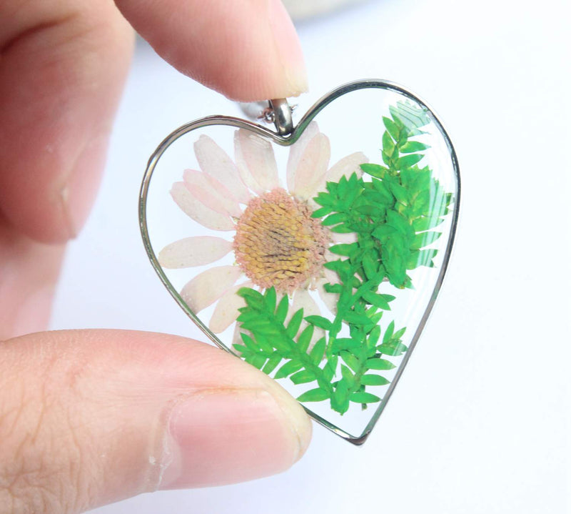 Heart Pressed Flower Pendant Necklace, Real Dried Flower Resin Jewellery