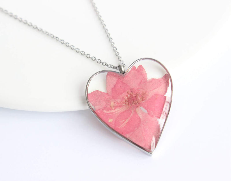 Heart Pressed Flower Pendant Necklace, Real Dried Flower Resin Jewellery