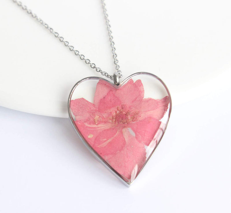 Heart Pressed Flower Pendant Necklace, Real Dried Flower Resin Jewellery