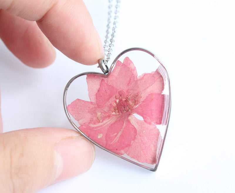 Heart Pressed Flower Pendant Necklace, Real Dried Flower Resin Jewellery