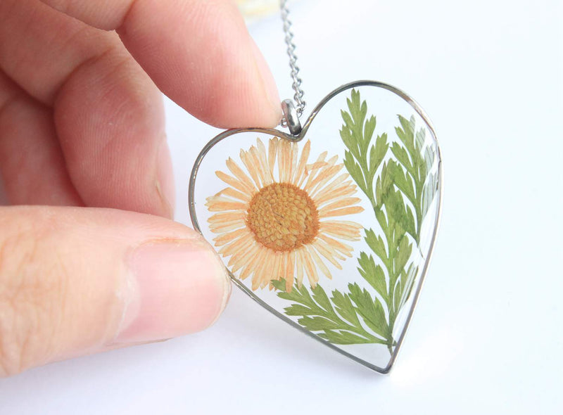 Heart Pressed Flower Pendant Necklace, Real Dried Flower Resin Jewellery