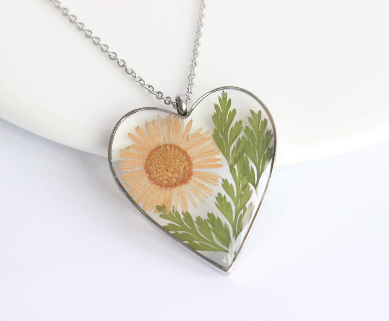 Heart Pressed Flower Pendant Necklace, Real Dried Flower Resin Jewellery