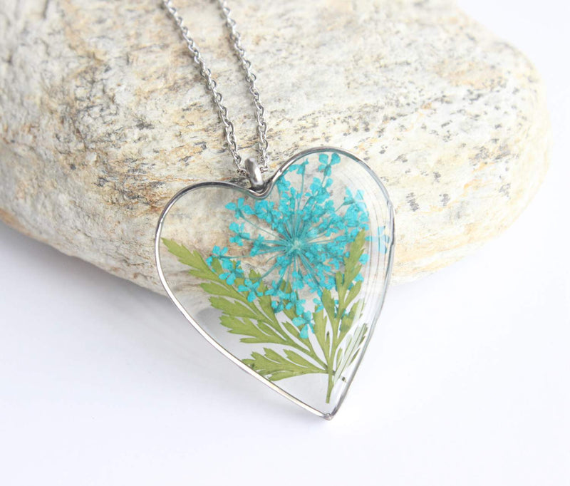 Heart Pressed Flower Pendant Necklace, Real Dried Flower Resin Jewellery