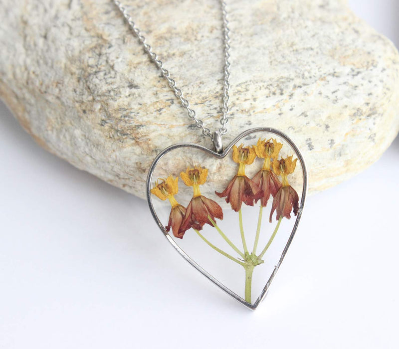 Heart Pressed Flower Pendant Necklace, Real Dried Flower Resin Jewellery