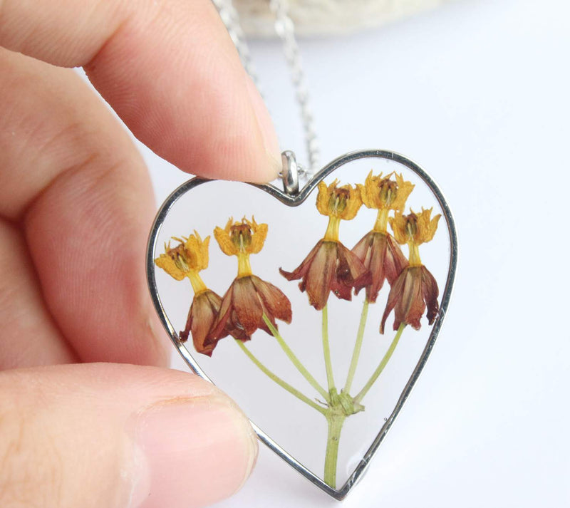 Heart Pressed Flower Pendant Necklace, Real Dried Flower Resin Jewellery