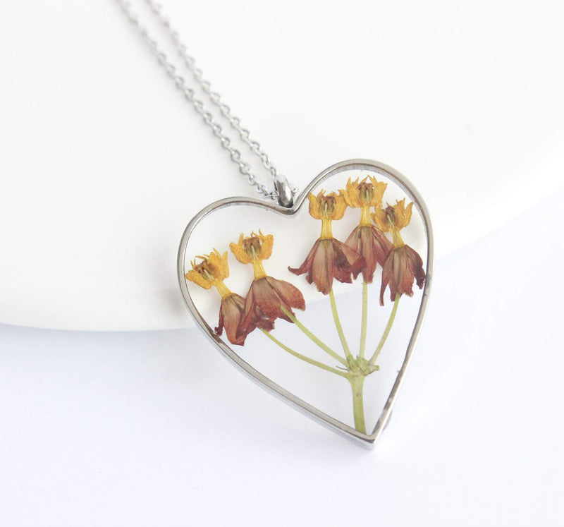 Heart Pressed Flower Pendant Necklace, Real Dried Flower Resin Jewellery