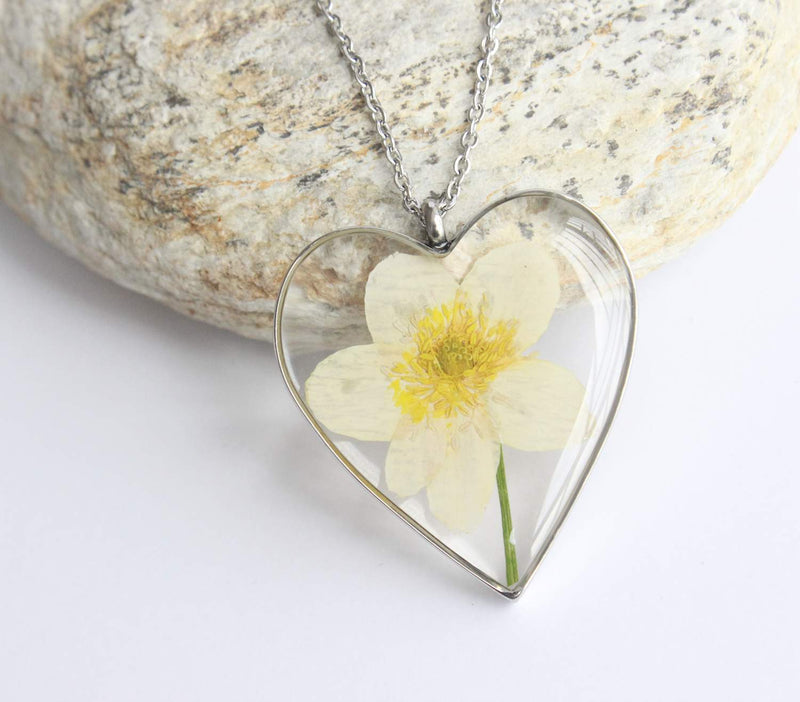 Heart Pressed Flower Pendant Necklace, Real Dried Flower Resin Jewellery