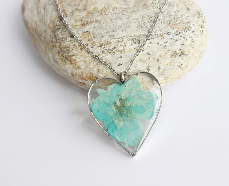 Heart Pressed Flower Pendant Necklace, Real Dried Flower Resin Jewellery