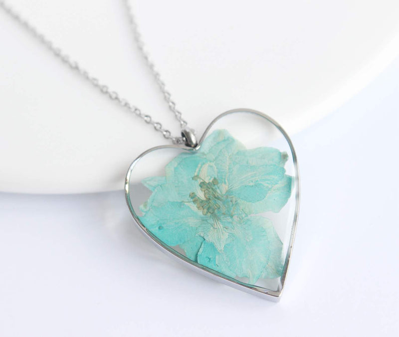 Heart Pressed Flower Pendant Necklace, Real Dried Flower Resin Jewellery