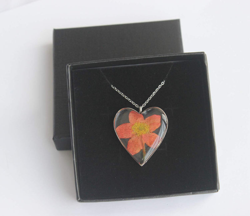 Heart Pressed Flower Pendant Necklace, Real Dried Flower Resin Jewellery