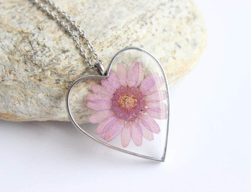 Heart Pressed Flower Pendant Necklace, Real Dried Flower Resin Jewellery