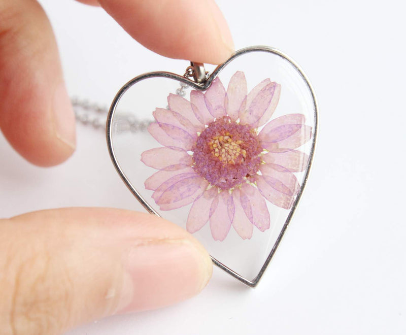 Heart Pressed Flower Pendant Necklace, Real Dried Flower Resin Jewellery