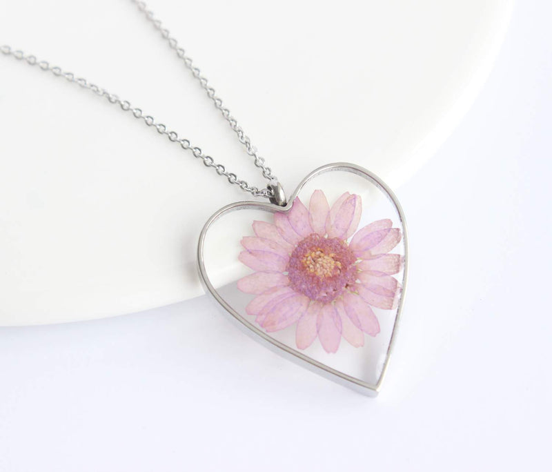 Heart Pressed Flower Pendant Necklace, Real Dried Flower Resin Jewellery