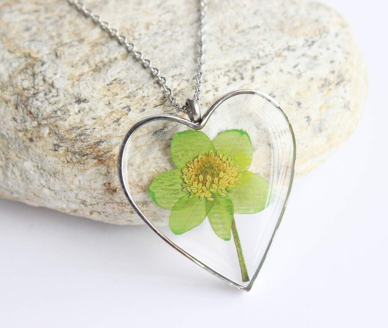 Heart Pressed Flower Pendant Necklace, Real Dried Flower Resin Jewellery