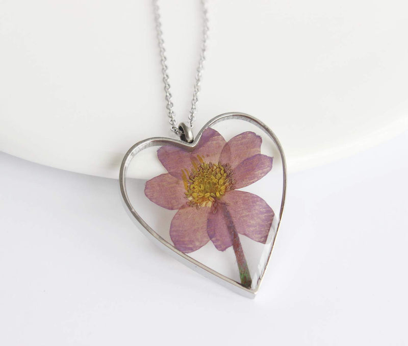 Heart Pressed Flower Pendant Necklace, Real Dried Flower Resin Jewellery