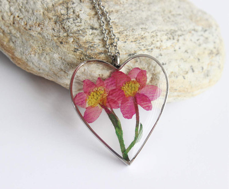 Heart Pressed Flower Pendant Necklace, Real Dried Flower Resin Jewellery