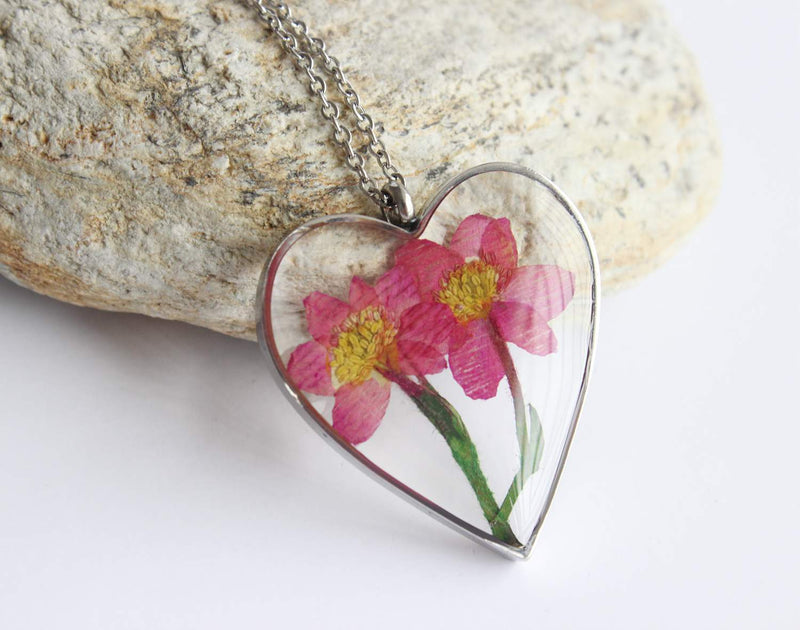 Heart Pressed Flower Pendant Necklace, Real Dried Flower Resin Jewellery