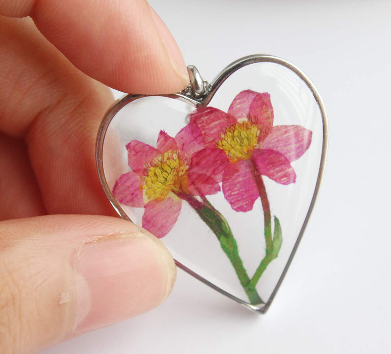 Heart Pressed Flower Pendant Necklace, Real Dried Flower Resin Jewellery