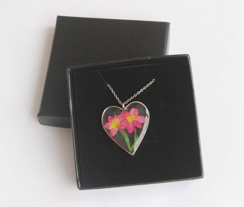 Heart Pressed Flower Pendant Necklace, Real Dried Flower Resin Jewellery