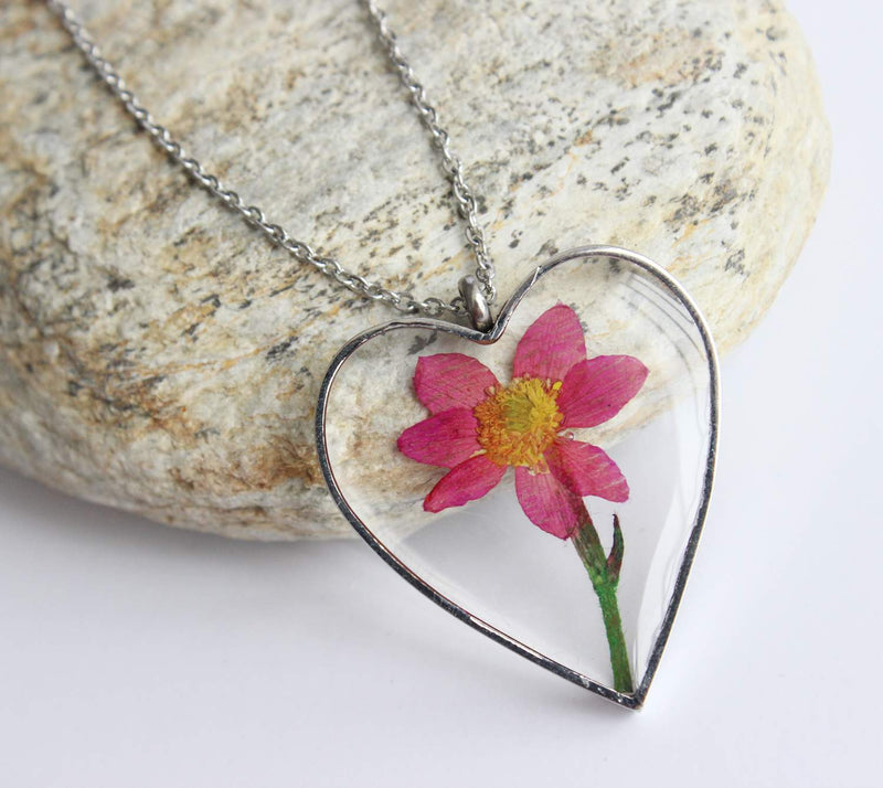 Heart Pressed Flower Pendant Necklace, Real Dried Flower Resin Jewellery