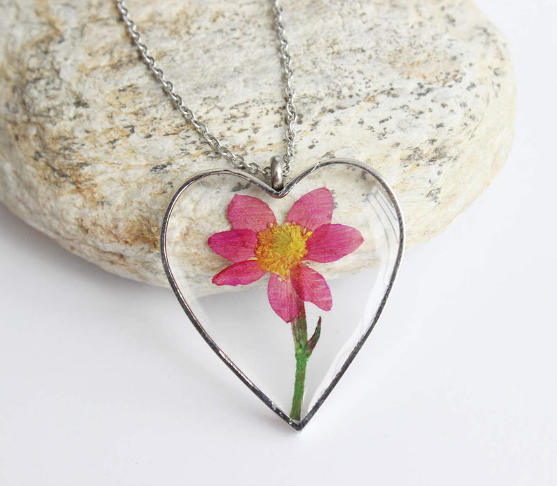 Heart Pressed Flower Pendant Necklace, Real Dried Flower Resin Jewellery