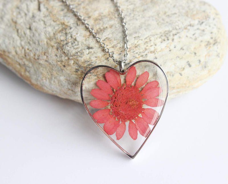 Heart Pressed Flower Pendant Necklace, Real Dried Flower Resin Jewellery