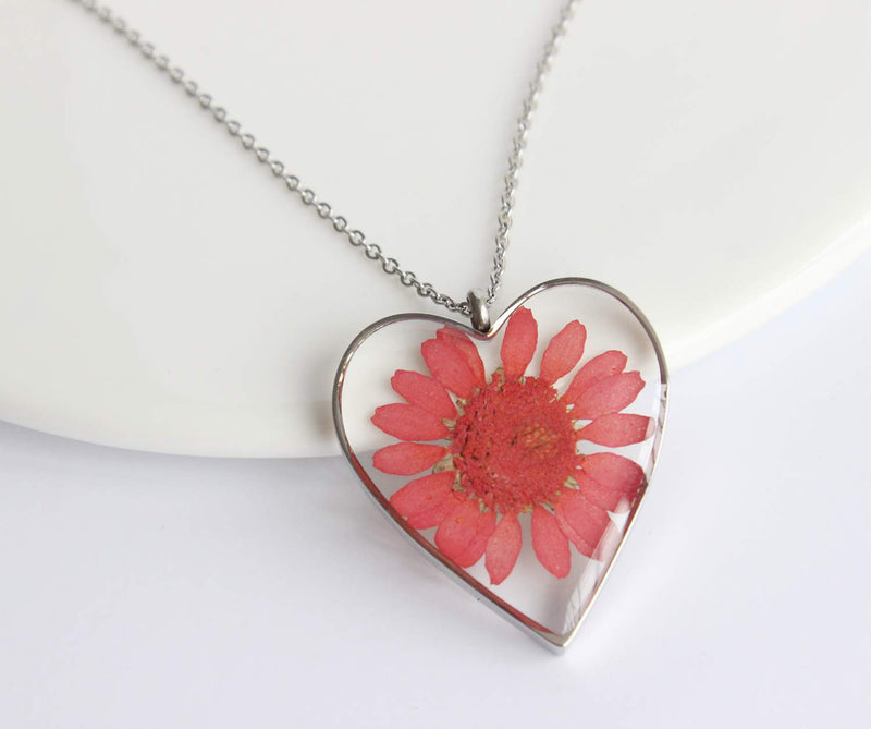 Heart Pressed Flower Pendant Necklace, Real Dried Flower Resin Jewellery