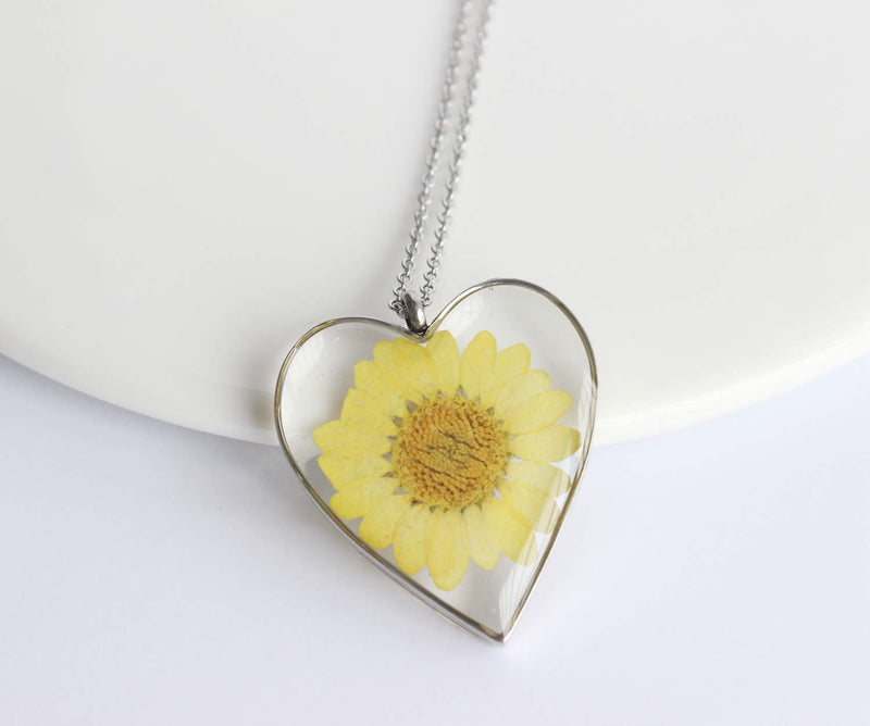 Heart Pressed Flower Pendant Necklace, Real Dried Flower Resin Jewellery