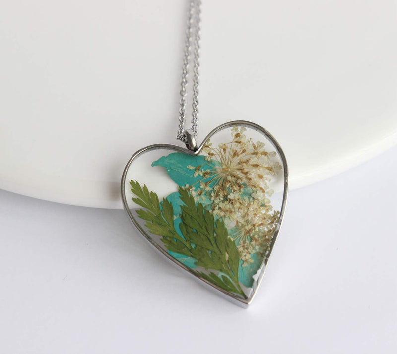 Heart Pressed Flower Pendant Necklace, Real Dried Flower Resin Jewellery