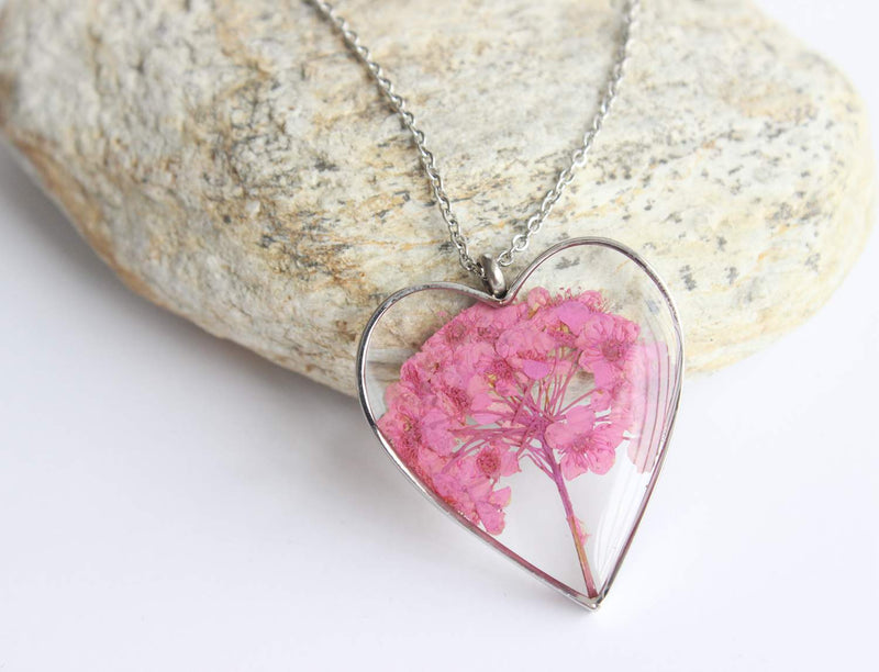 Heart Pressed Flower Pendant Necklace, Real Dried Flower Resin Jewellery